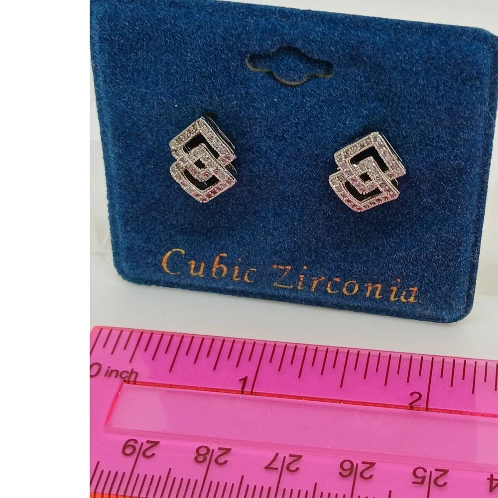 Vintage 1990s‎ Cubic Zirconia Interlocking Square Stud Earrings Silver Tone Rare